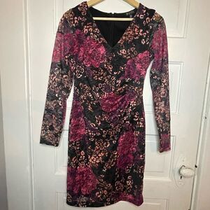 Guess Floral Print Lace V-Neck Sheath Dress